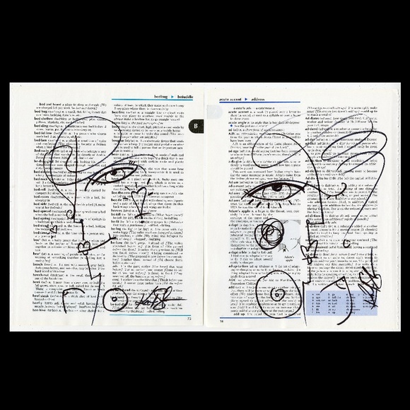 2 original Funky Face sketches on vintage dictionary pages - Funky Face Goddess - Picture 1 of 7